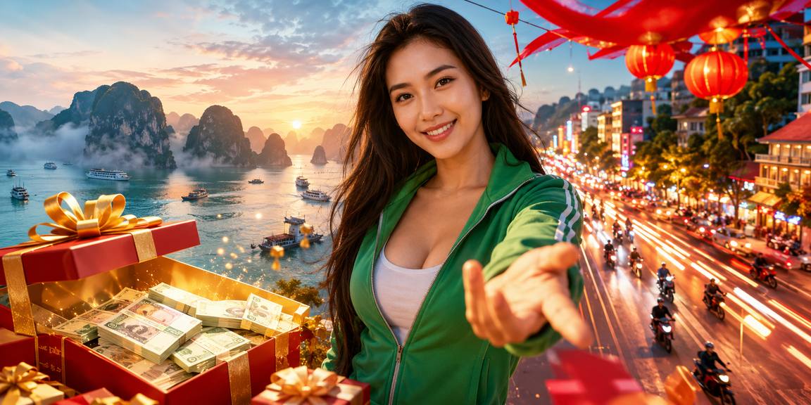 Phong bì lì xì đỏ thưởng và người mẫu tại Vịnh Hạ Long